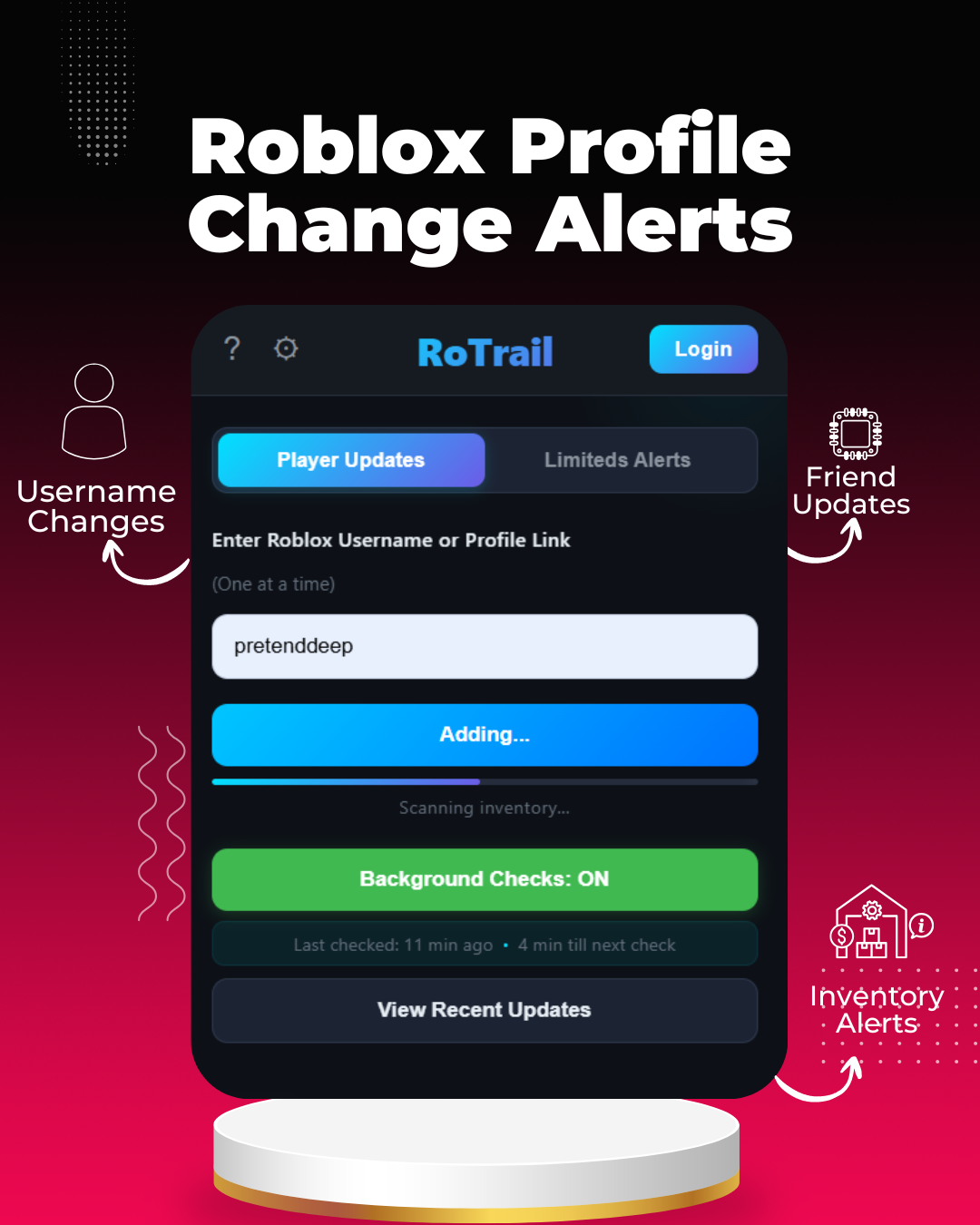 RoTrail Chrome extension showing real-time Roblox profile change alerts and notifications